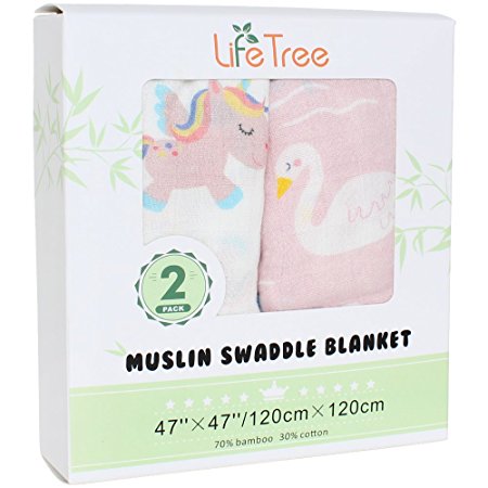 Swaddling & Receiving Blanket for Girls by LifeTree - "2 Pack Unicorn & Swan" Bamboo Cotton Swaddle Wrap, Nursing Cover & Burping Cloth - Large Summer Baby Muslin Blanket