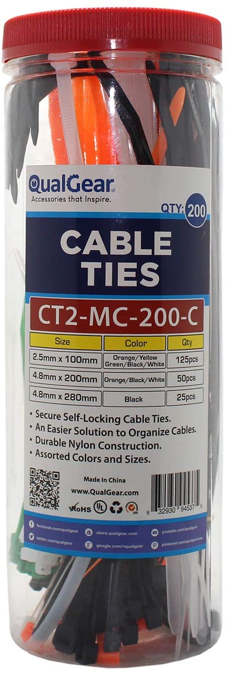 QualGear CT2-MC-200-C Self-Locking Cable Ties, Assorted, 200/Canister