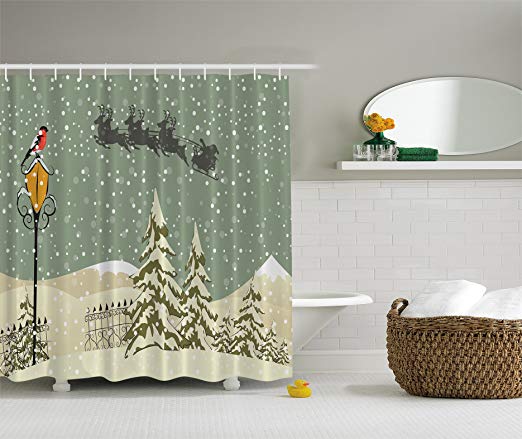 Ambesonne Year Shower Curtain Santa Claus's Flying Reindeer Christmas Green Beige White