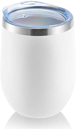 DOMICARE Insulated Wine Tumbler Glasses with Lid (1 Pack, White) - 12 OZ Stemless Double Wall Vacuum Traval Mug Cup - Keeping Cold & Hot for Wine, Coffee, Cocktails, Drinks