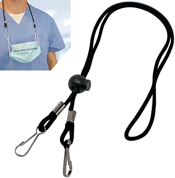 5 Pack - Adjustable Length Face Mask Lanyard - Handy & Convenient Safety Mask Holder & Hanger - Comfortable Around The Neck Facemask Rest & Ear Saver - Easy On & Off by Specialist ID (Black)