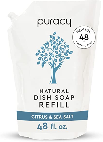 Puracy Dish Soap Liquid Refill, Citrus & Sea Salt, Gently Scented, Sulfate-Free, Natural Liquid Dishwashing Detergent Refills, Cuts Grease, Rinses Clean, Softens Skin, 48 Ounce