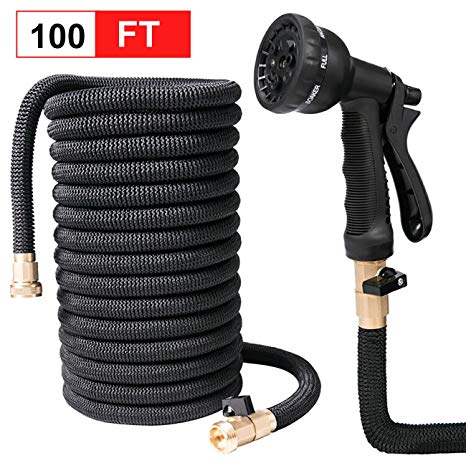 EcoMozz Expandable Garden Hose - 100 ft Heavy Duty Flexible Expanding Water Hose W/Double Latex Core, 3/4" Solid Brass Fittings, Extra Strength Fabric | Incl. 8 Function Spray Nozzle & Storage Bag