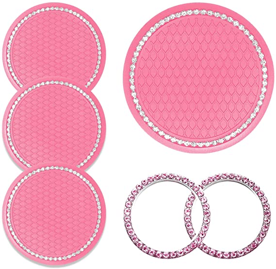 4 Pieces Car Coasters bling car accessories Rhinestone Car Cup Holders Silicone Anti Slip Coasters and 2 Pieces Pink Bling Car Emblem Stickers Car Engine Ignition Button Rings for Most Cars, Trucks