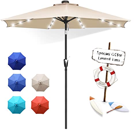 FRUITEAM Solar Patio Umbrella Outdoor LED Umbrella, 7 1/2 FT Table Umbrella with Lights Heavy Duty Patio Umbrella with Sturdy Ribs, Crank, Easy Tilt Adjustment, Khaki