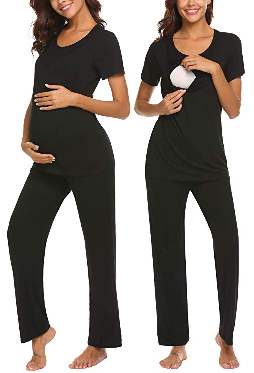 MAXMODA Cotton Nursing/Labor/Delivery Maternity Pajamas Set for Hospital Home, Basic Nursing Shirts, Pregnancy Pants