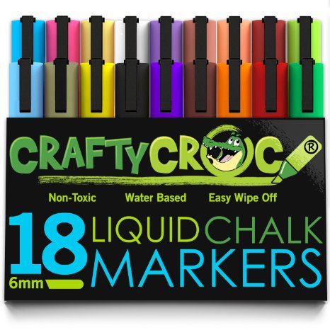 Crafty Croc Liquid Chalk Markers Jumbo 18 Pack Neon Plus Earth Colors 6mm Reversible Tip 2 Replacement Tips Included