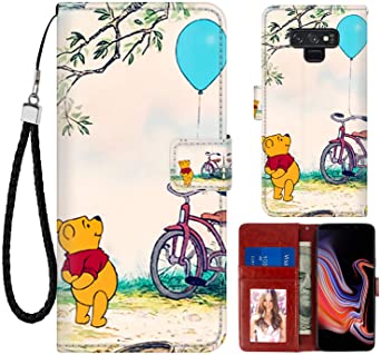 DISNEY COLLECTION Wallet Case for Samsung Note 9 Winnie The Pooh Pattern Magnetic Closure with Kickstand Folio Flip Cover with Card Holder and Wrist Strap Protective Cover