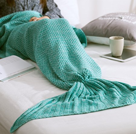 YKALF Home Decor Christmas gift for Handcrafted All Seasons Soft Warm Knitted Mermaid Tail Blanket Living Room Sleeping Bag for Adults / Kids ,Assorted Size (57"28", Thin-Mint Green)