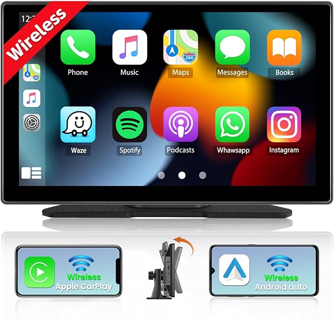Hikity Wireless Apple Carplay Car Stereo, 9 Inch Portable CarPlay and Android Auto Screen with 1080P Backup Camera, Mirror Link/Siri/FM Transmission/Bluetooth/AUX