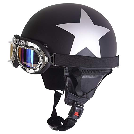 Fatmingo German Style Half Helmet with Goggles for Motorcycle Biker Cruiser Scooter Cool Harley Helmet(Black with white star)