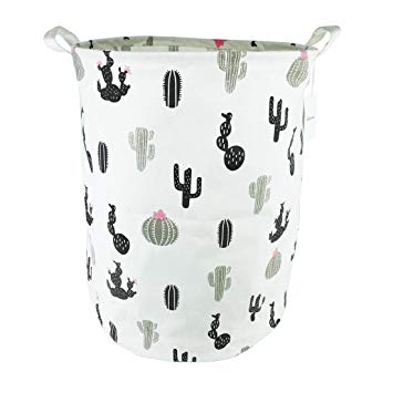 19.7" Large Sized Waterproof Coating Ramie Cotton Fabric Folding Laundry Hamper Bucket Cylindric Burlap Canvas Storage Basket with Stylish Cactus Design (Black)