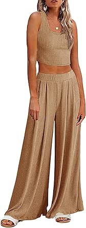 Ekouaer Women's Pajamas 2 Piece Lounge Set Ribbed Knit Loungewear Sleeveless Tank Top Wide Leg Pants