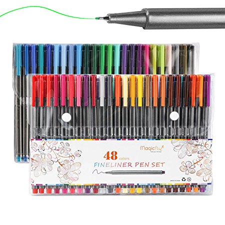 Fineliner Color Pen Set 48 Colors, Magicfly 0.38mm Colored Fine Line Point Markers with Assorted Colors Perfect for Coloring Book and Bullet Journal Art Projects