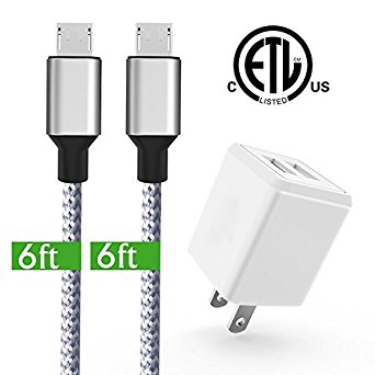 Wall Charger,KerrKim Dual USB Charger Adapter USB Wall Charger With 2-Pack 6FT braided nylon Micro USB Cable Android Charger Cord For Android,Samsung Galaxy S7/S6 Edge J3 J7 LG,HTC,Google & More