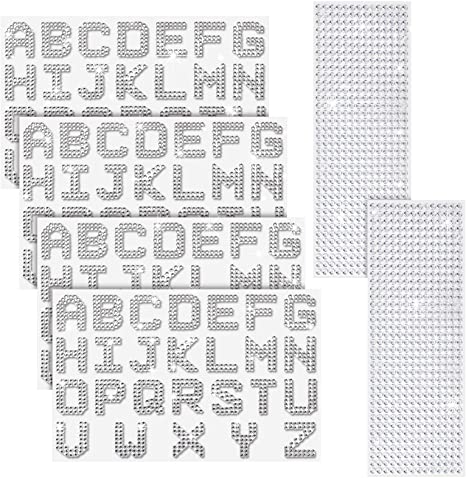 6 Sheets Glitter Letter Stickers Rhinestone Letter Stickers and Bling Letter Stickers, 26 Letters Self Adhesive Stickers Alphabet Bling Letter Stickers for DIY Art and Craft (Silver)