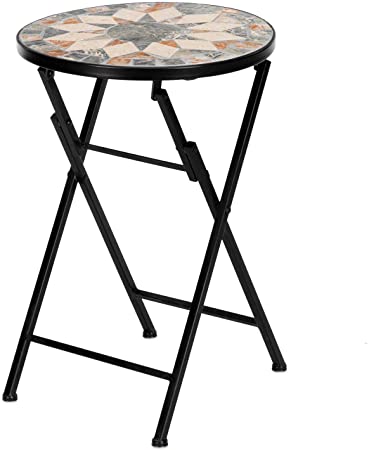 VINGLI Mosaic Outdoor Side Table, 14" Round Folding End Table, Accent Table, Glass Top Black Iron, Golden Autumn