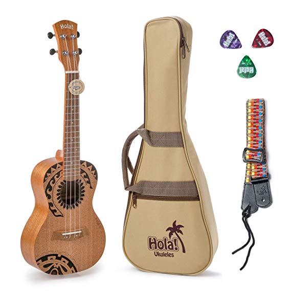 Hola! Music HM-124TT  Laser Engraved Mahogany Concert Ukulele Bundle with Aquila Strings, Padded Gig Bag, Strap and Picks - Tribal Tattoo