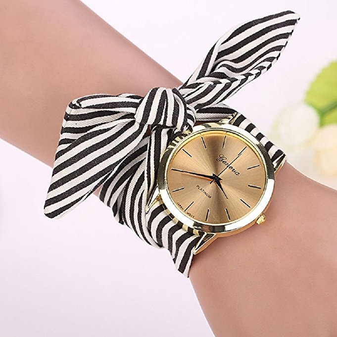 Malltop Elegant Women Floral Stripe Cloth Bracelet Mineral Glass Dial Window Quartz Analog Wrist Watch (Black)