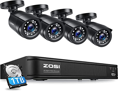 ZOSI H.265 1080p Home Security Camera System,8 Channel 5MP Lite Surveillance DVR with Hard Drive 1TB and 4 x 1080p Weatherproof CCTV Bullet Camera Outdoor Indoor with 80ft Night Vision, Motion Alerts