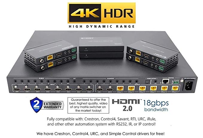 8x8 HDR 18GBPS HDbaseT 4K HDMI Matrix SWITCHER 6 PoC Receivers HDMI 2.0a 2.0 CAT6 CAT5e HDMI HDCP2.2 Routing SPDIF Audio CONTROL4 Savant Home Automation