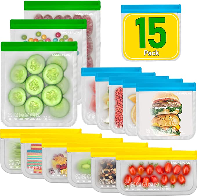 Reusable Storage Bags For Food - 15 Pack Freezer Bags | 3 Reusable Gallon Bags   6 Reusable Sandwich Bags   6 Reusable Snack Bags | Non Plastic/Silicone Lunch Bags For Kids