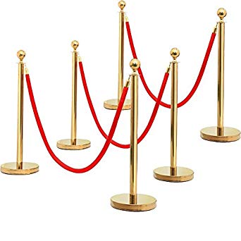 Yaheetech Stanchions and Velvet Ropes Stainless Steel Stanchions Posts Queue Pole Retractable Belt/Ropes VIP Crowd Control Barrie with 6.5-Foot Red Velvet Rope Gold, (6-Pack)