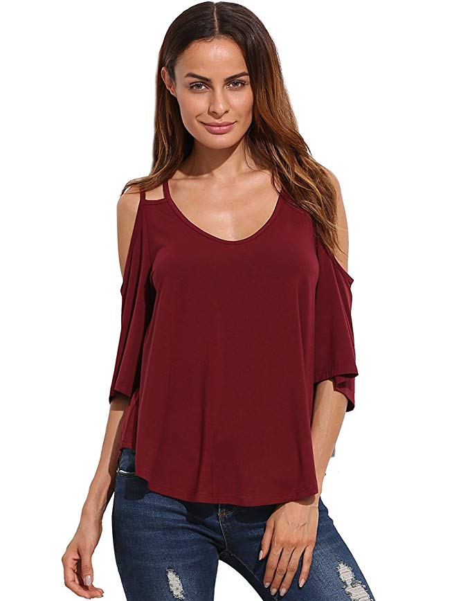 Romwe Womens Loose Tee Shirt Cold Shoulder Flowy Swing Top