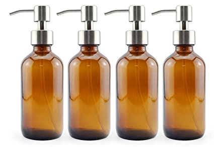 Cornucopia 8oz Amber Glass Pump Bottles w/Stainless Steel Pumps (4-Pack); Glass Soap Dispenser and Lotion Pump Bottles for Liquid Soap, Sanitizer, Aromatherapy, and More