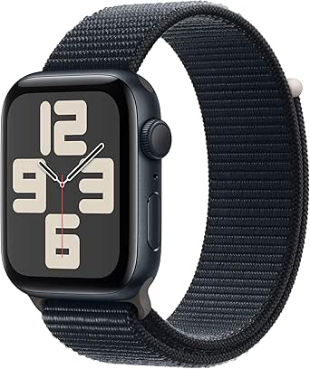 Apple Watch SE (2. Generation, 2023) (GPS, 44 mm) Smartwatch mit Aluminiumgehäuse und Sport Loop Armband in Mitternacht. Fitness- und Schlaftracker, Unfallerkennung, Herzfrequenzmesser, CO₂ neutral