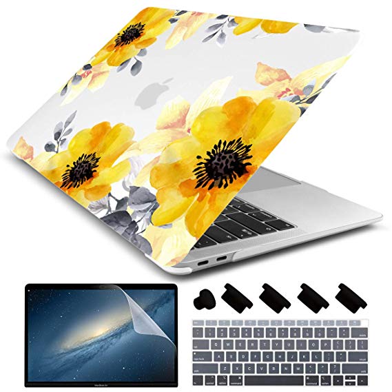 Dongke for New MacBook Air 13 Inch Case 2018 2019 Release A1932, Frosted Rubberized Matte Hard Shell Cover for MacBook Air 13" with Retina Display & Touch ID (Yellow Roses)