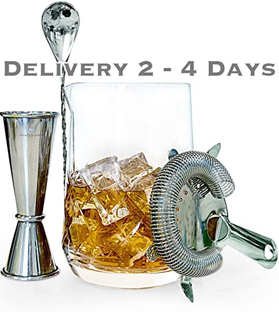Highball & Chaser Lead Free Crystal Cocktail Mixing Glass and 3 piece Bar Tool Set. 750ml 25oz Diamond Cut Yarai Style Cocktail Glass, Large Jigger Hawthorne Strainer and Mixing Spoon E-Book