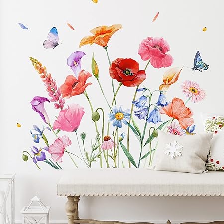 6 Pieces Flowers Wall Decals Vinyl Dragonflies Flowers Wall Stickers Removable Floral Wall Murals Peel and Stick Colorful Flower Wall Decor for Girls Bedroom Living Room Nursery (Exquisite)