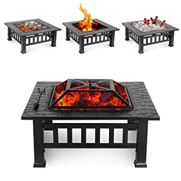 HEMBOR 32'' Outdoor Fire Pit Table, Multi-Purpose Square Fireplace, Backyard Patio Garden Outside Wood Burning Heater, BBQ, Ice Pit, with BBQ Frames&Waterproof Cover, Suitable for Party, Picnic, Camp