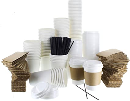Brew Addicts 12oz Coffee Cups Combo - [60 Pack] White Insulated Disposable Hot Cups with Lids, Sleeves and Stirrers for Tea, Hot Chocolate. For To-Go Travel Mug, Parties