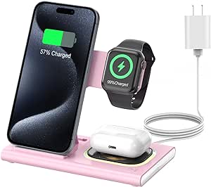 Aresh Wireless Charger, 4 in 1 Folding Fast Wireless Charging Station for 15 14 13 12 Pro Max, Apple Charging Station with Night Light for Apple Watch Ultra2 9 8 Se 7 6 5 AirPods Pro (Pink)