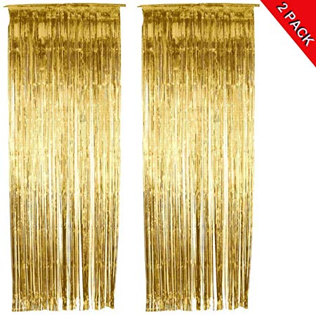 ANREONER 2 Pack Metallic Tinsel Curtain, 3.2 ft x 9.8 ft Foil Fringe Shiny Backdrop Photo Background for Birthday Party Prom Wedding Christmas Decoration, Best Xmas Supplies & Accessories-Gold