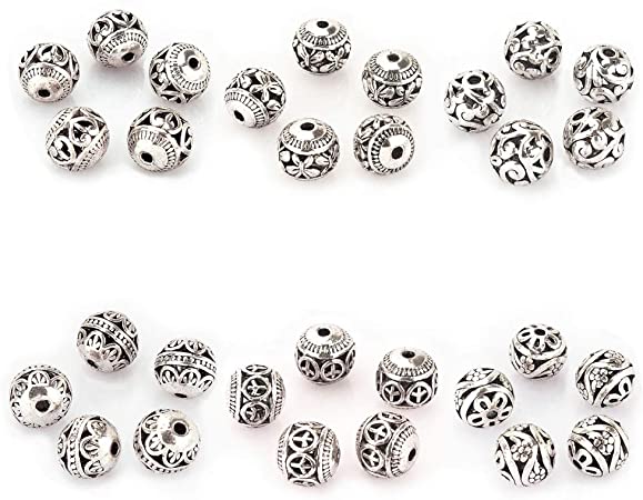 LolliBeads (TM) 10mm 30Pcs Tibetan Silver Round Hollow Spacer Charm Beads Jewelry Findings Mix Lot Box Set Assortment