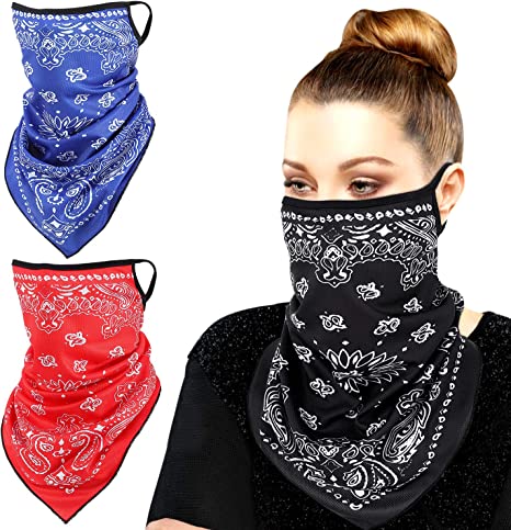 MoKo Scarf Mask Bandana with Ear Loops 3 Pack, Neck Gaiter Balaclava Dust UV Sun Protection Outdoors Face Mask for Women Men