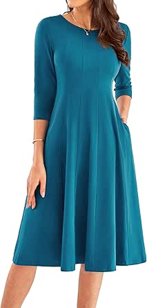 GRACE KARIN Womens 2024 Fall Trendy Crew Neck 3/4 Sleeve A Line Flowy Casual Midi Dress with Pockets