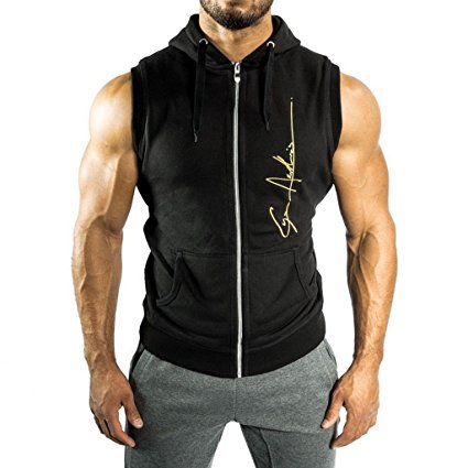 Ouber Men's Letter Printed Sleeveless Athletic Zipper Hoodie Gym Lifting Workout Tops