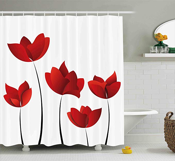 Ambesonne Floral Shower Curtain, Valentines Inspired Exquisite Rose Petals Vivid Blossoms Florets Nature Illustration, Fabric Bathroom Decor Set with Hooks, 84 Inches Extra Long, Red