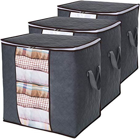 Lifewit Storage Bag Large Capacity Reinforced Handle Upgrade Fabric for Clothes, Comforters, Blankets, Bedding, Breathable Foldable Closet Organizer, 3 Pack, 50L, Grey