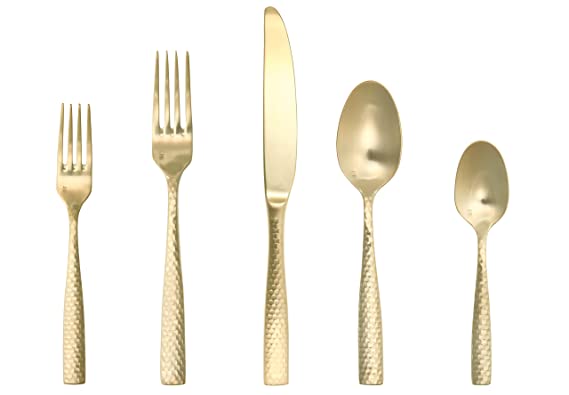 Fortessa Lucca Faceted 18/10 Stainless Steel Flatware, 20 Piece Place Setting, Service for 4, Brushed Gold