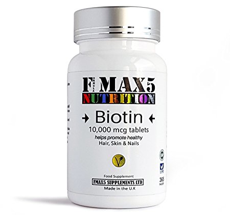Biotin 10,000mcg Healthy Hair, Skin & Nails Growth Supplement, Maximum Strength, 365 Tablets (1 Years’ Supply), U.K Made, Suitable for Vegetarians, by FMax5 Supplements
