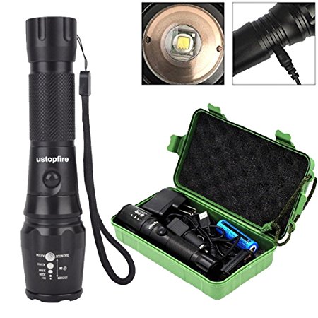 ustopfire LED Tactical Flashlight, 2000 Lumen CREE XML T6 LED Flashlight Rechargeable Torch 5 Mode with 18650 Battery 2 Chargers, Zoomable, Waterproof for Emergency Camping