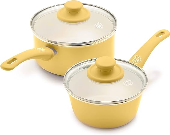 GreenLife Soft Grip Healthy Ceramic Nonstick, 1QT and 2QT Saucepan Pot Set with Lids, PFAS-Free, Dishwasher Safe, Yellow