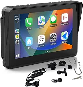 Portable Wireless Carplay & Android Auto for Motorcycle Navigator 5" IPS Touch Screen Waterproof Car Monitor for Motor Bike, Built-in Speaker Voice Control Dual Bluetooth Work with Headset 12-24V