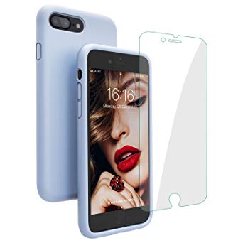 iPhone 8 Plus Case, iPhone 7 Plus Case, JASBON Liquid Silicone Phone Case with Free Screen Protector Gel Rubber Shockproof Cover Full Protective Case for iPhone 8 Plus, iPhone 7 Plus-Light Blue