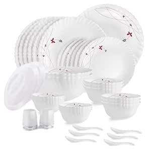 Cello Opalware Dazzle Lush Fiesta Dinner Set, 37 Units, White |Opal Glass Dinner Set for 6 | Light-Weight, Daily Use Crockery Set for Dining | White Plate and Bowl Set